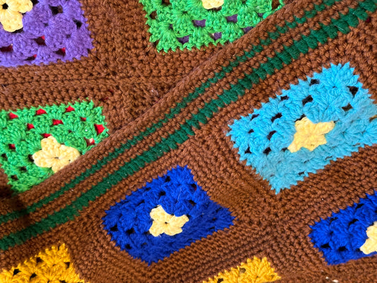 Large crocheted granny square blanket multicolored Size 106" x 90"