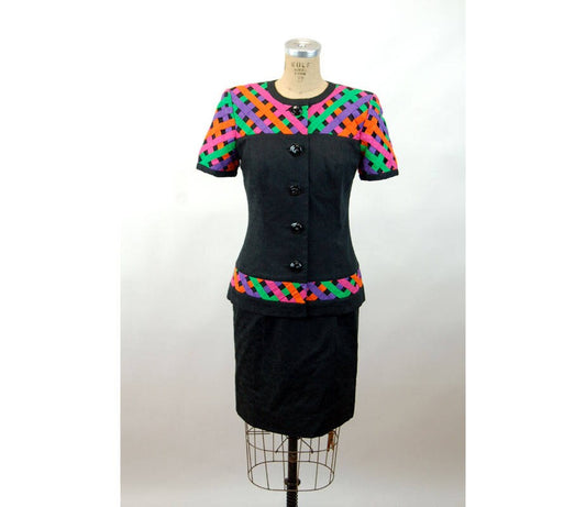 1980s suit skirt suit black multicolored fitted suit neon Size S/M David Warren