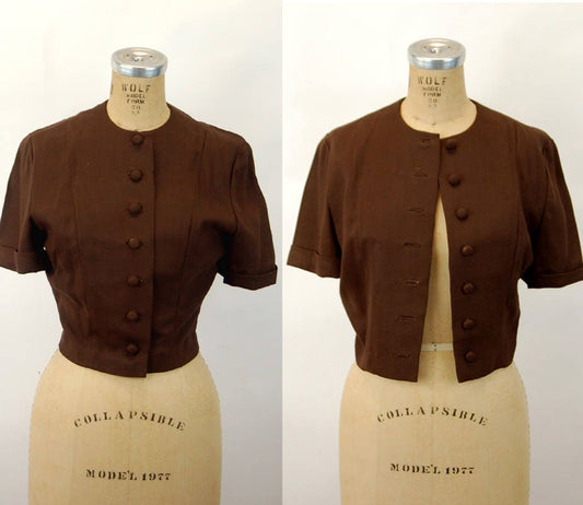 1940s jacket linen cropped jacket brown fitted collarless Size M