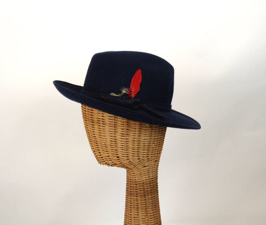 Vintage fedora navy blue wool felt hat with feathers top stitching Chelton