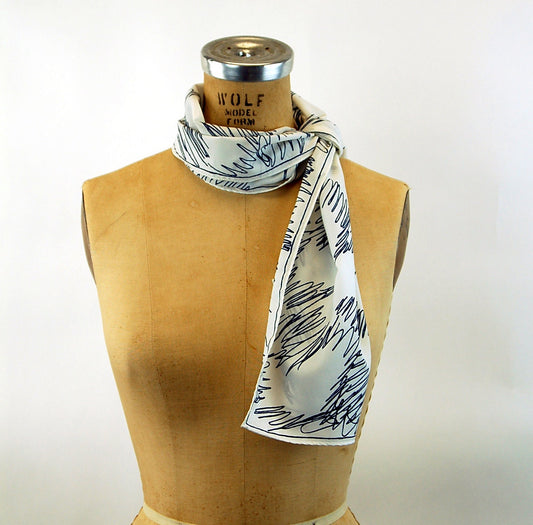 1970s Vera scarf Made in Japan long scarf abstract scribble pattern navy blue and white