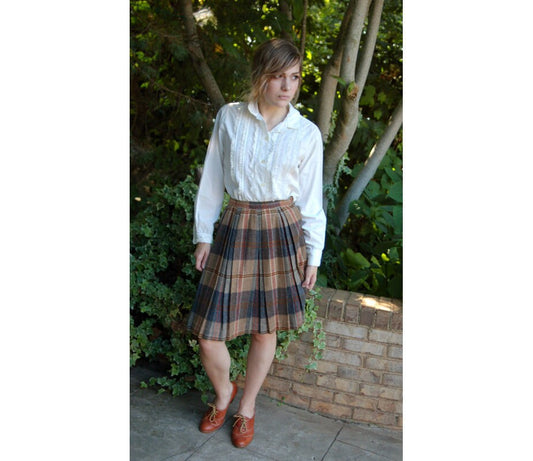 pleated skirt and vest, plaid wool skirt, brown gray red, cropped vest, boho vest, 1960s skirt and vest, lace up vest, Size S/XS