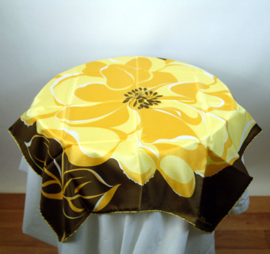 Vintage silk scarf with large yellow flower on brown background by Joelle