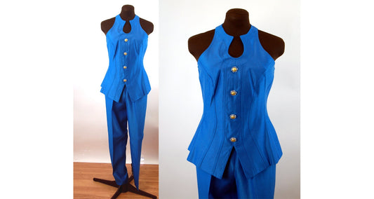 1990s pant suit royal blue tunic and slim pants with key hole bodice by Linda Segal Size 4 Size S