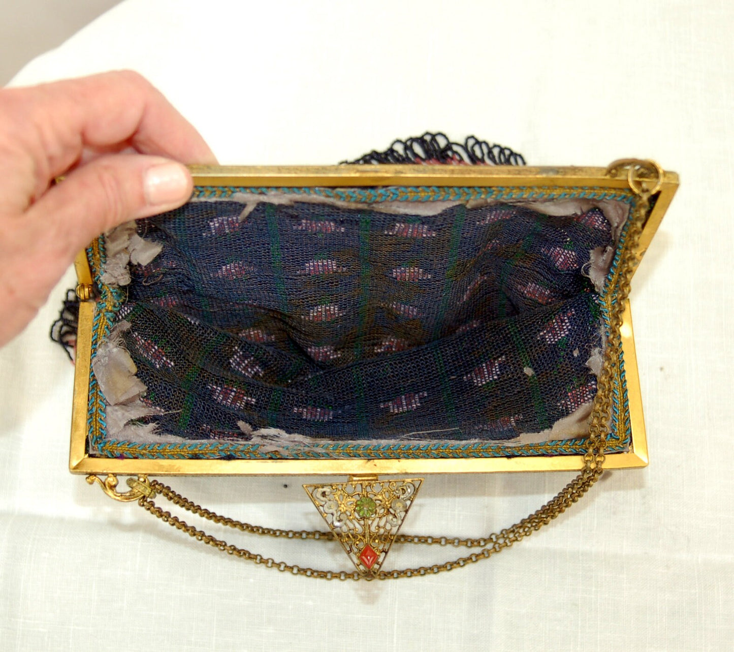 1920s micro beaded purse filigree frame enamel and jewel mauve blue green flapper purse