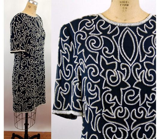 1980s beaded dress navy blue white silk sheath holiday party cocktail dress by Stenay Size L