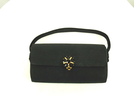 1960s evening bag black satin box purse with jewel rhinestone clasp by Franklin Simon