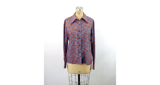 1970s shirt botanical floral disco shirt blue orange polyester button front shirt Size L