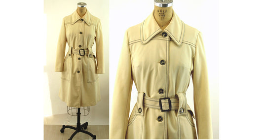 1970s trench coat ivory polyester knit MOD overcoat Size L