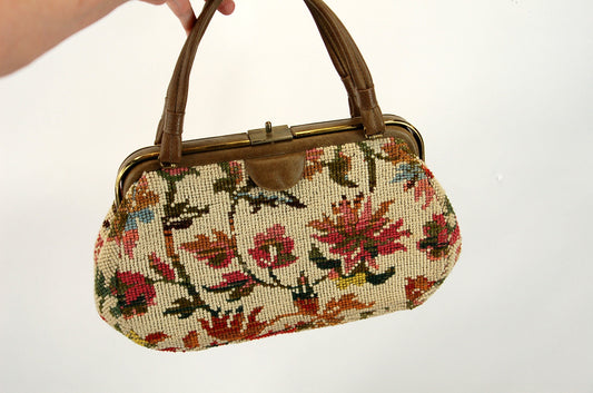1960s needlepoint carpet handbag floral fabric bag purse VEGAN