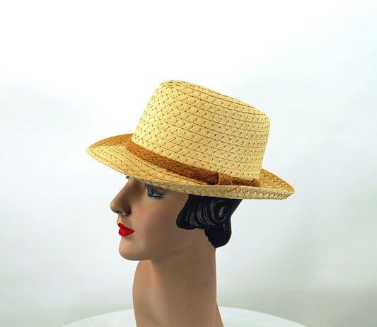 Straw fedora hat jute band summer hat natural straw color Size 6.75
