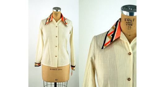 1970s gauze blouse with southwestern tribal design collar and cuffs Deadstock Size S