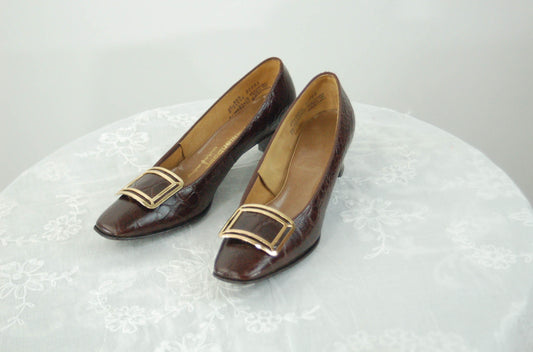 1970s shoes moc croc reptile brown pumps with removable shoe clips Size 8.5 AAA by Jacqueline