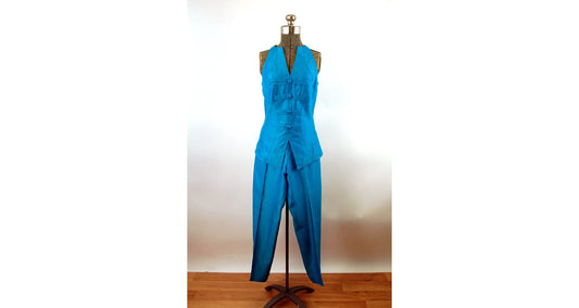 1990s pant suit Linda Segal turquoise two piece set vest and pants Size 6 Size S