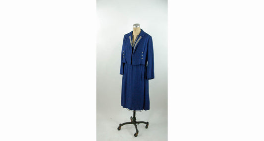 1970s Vera Maxwell designer dress and cropped jacket navy blue silk set Size L