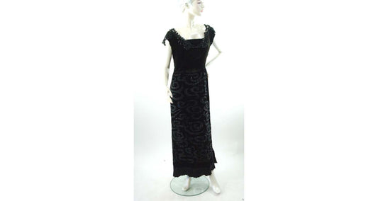 1930s black velvet hand beaded gown mixed era formal dress Size L