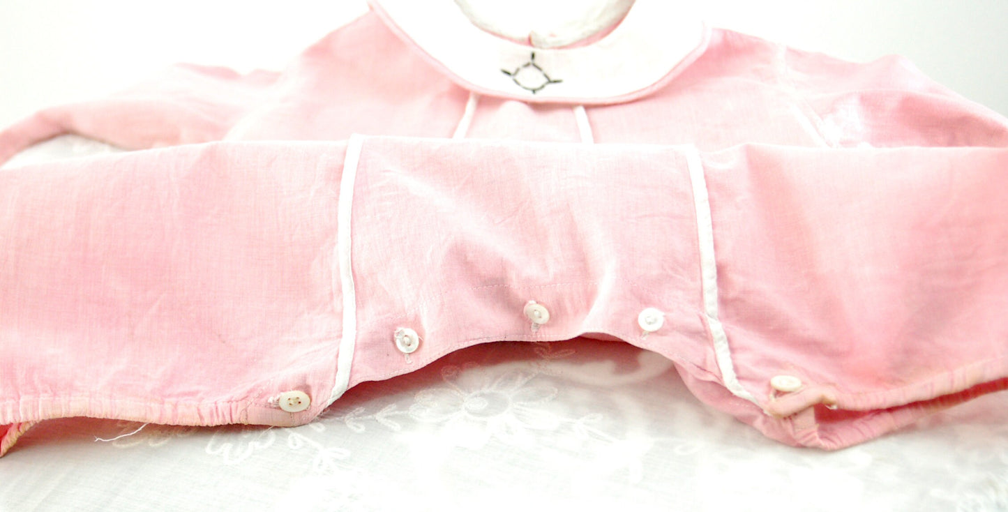 1920s 30s child's romper pink linen bubble with embroiderery button crotch