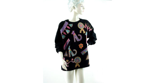1980s cat sweater over sized black ribbed sweater with painted cats studded with rhinestones Size M/L Rafael