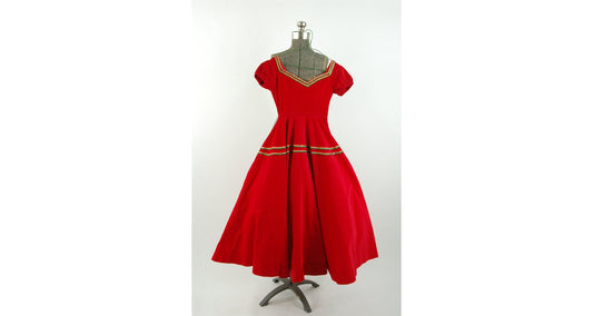 1950s patio dress red corduroy with gold green ric rac trim Size XS or teen or large girl's