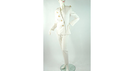 1990s pantsuit white linen suit with long jacket slim pants military style Size 6 Linda Segal
