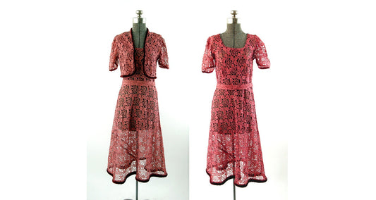 1930s lace dress and bolero rose pink and black with silk velvet trim Size M