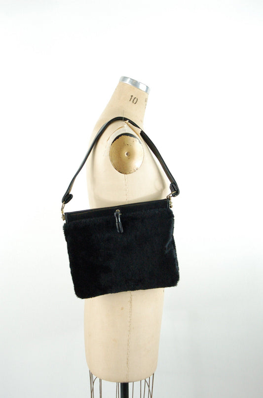 1960s faux fur purse black fur vegan bag with hinged opening