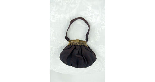 1940s black silk purse evening back pouch bag with brass filigree frame