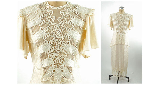 1980s does 1910s ivory silk jacquard dress with lace illusion peplum and flutter sleeves Digna Yero Size M