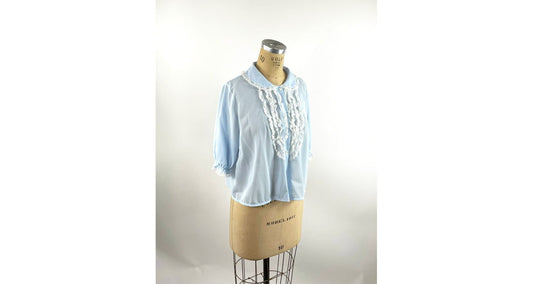 1960s blue bed jacket nylon with ruffled lace by Gaymode size medium