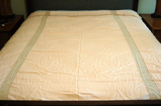 1930s peach rayon coverlet bedspread with lace inserts and edges