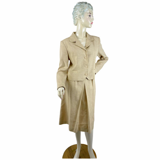 1960s linen silk skirt suit beige neutral color Size L Manchester Suitmakers Size L