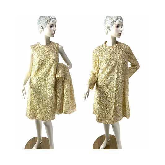 1960s soutache lace ivory pale yellow dress and coat wedding dress set Size S/M
