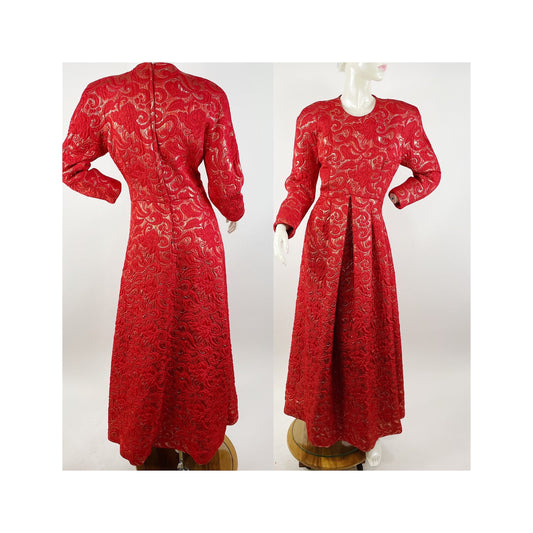 1980s red and gold Victor Costa brocade formal gown size M