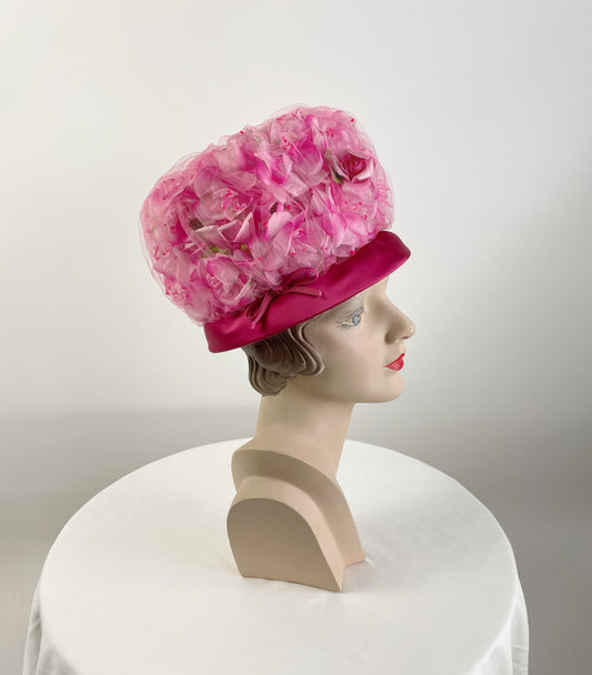 1960s pink floral hat tall flowered hat Parke Layne Original Size 21