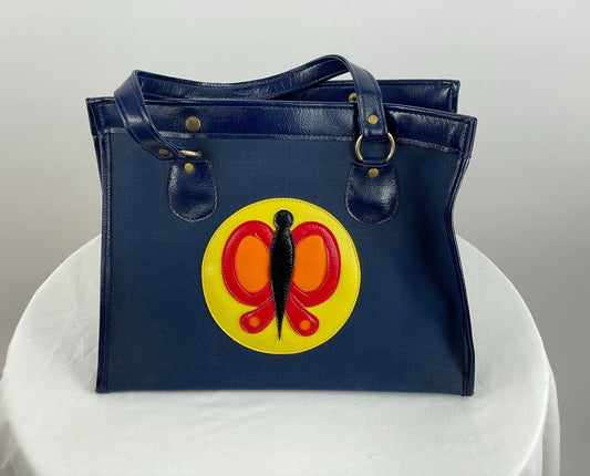 1960s 70s canvas tote bag with vinyl appliqued butterfly Made in Japan