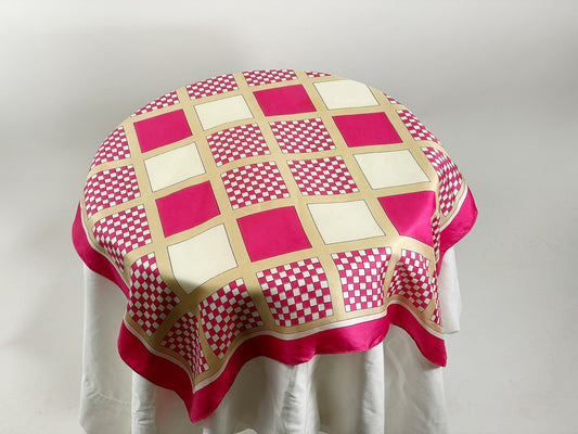 Geoffrey Beene silk scarf square pink tan checkered