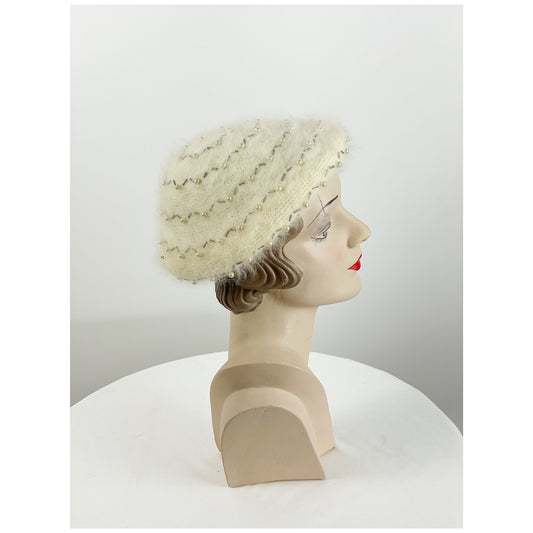 1940s 50s beret white angora wool beads and pearls by Pollak