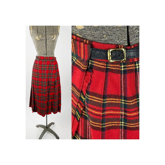Red plaid kilt pleated wrap tartan skirt Size 6