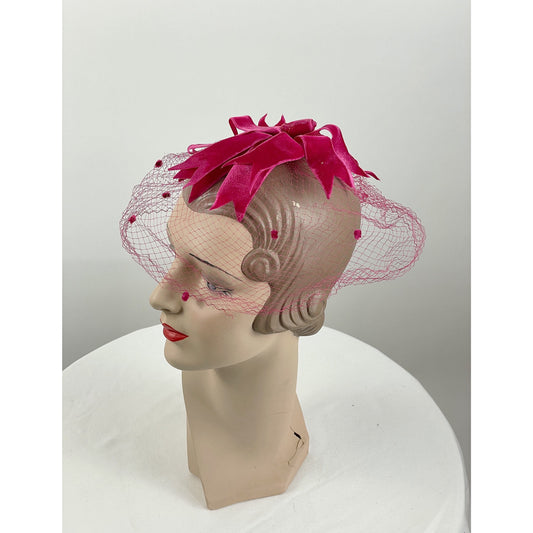 1960s velvet ribbon hat with polka dot veil deep pink