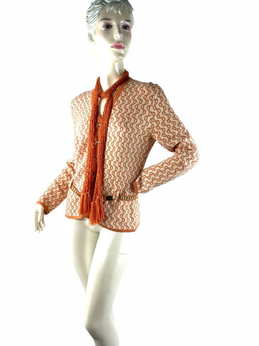 1970s St. John Knits jacket sweater orange cream with matching crocheted scarf Size M