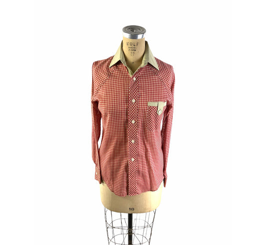 1970s gingham shirt blouse red tan Bruxton Bug-a-Boo size M
