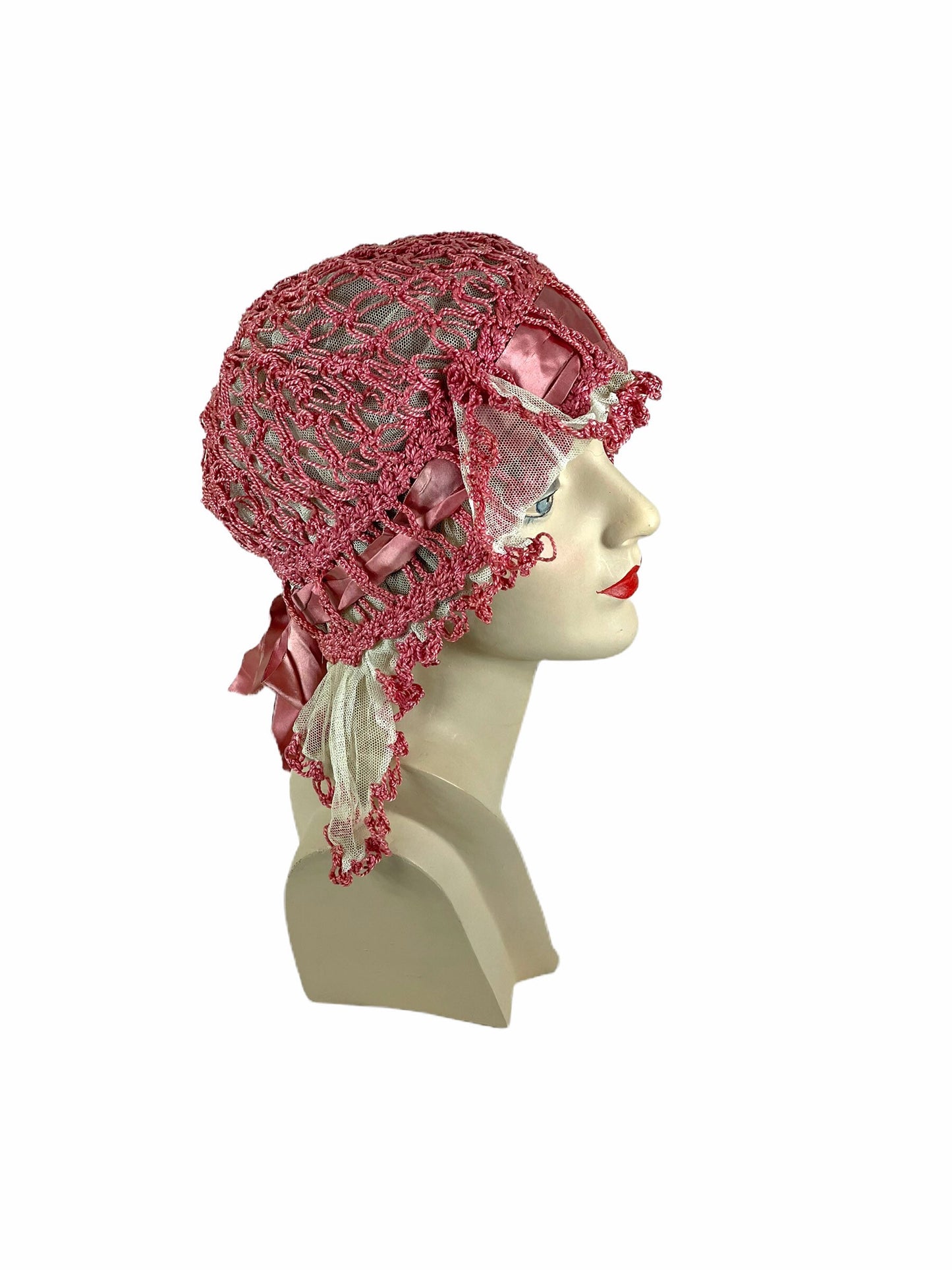 1920s boudoir cap sleeping hat pink crocheted with ribbon and netting