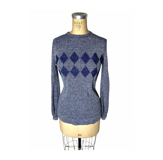 1970s ribbed sweater purple argyle back zipper Size M