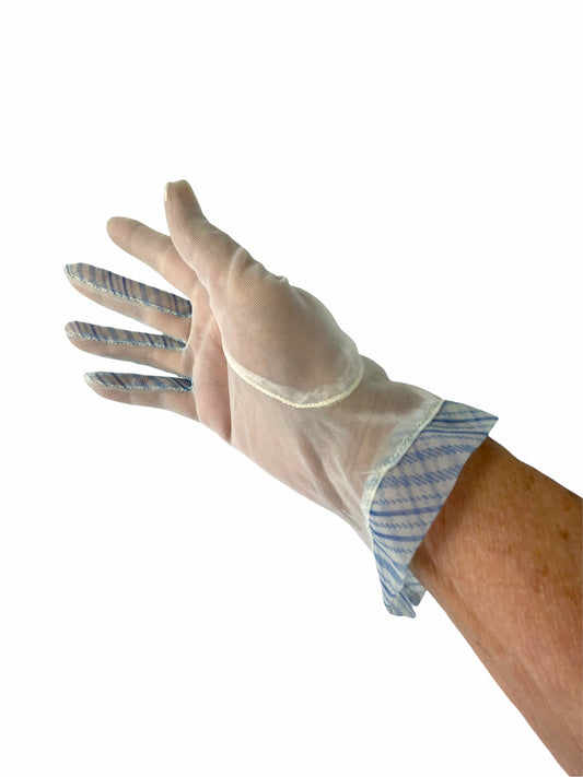 1950s sheer white nylon gloves blue plaid trim Size M