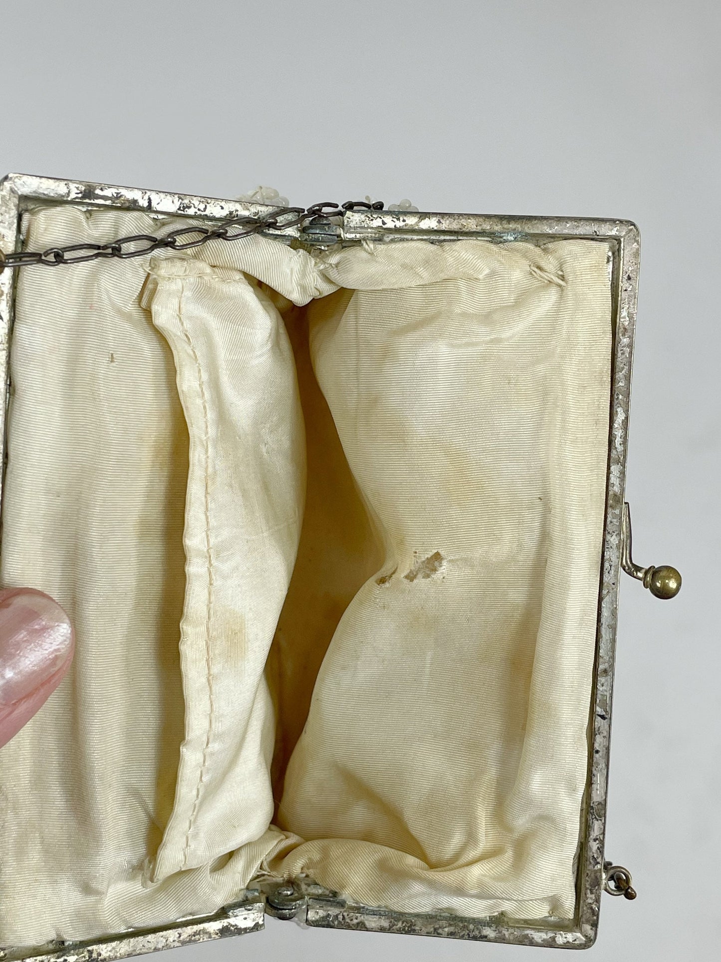 1920s beaded purse white small petite bag steel frame