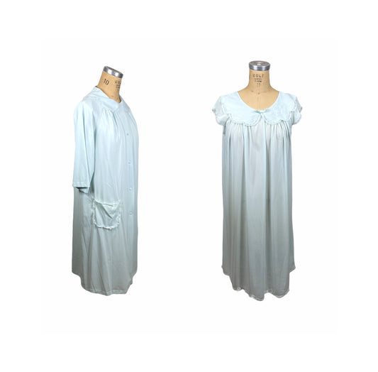 1950s 60s blue nylon robe and nightgown by Shadowline Size S/M