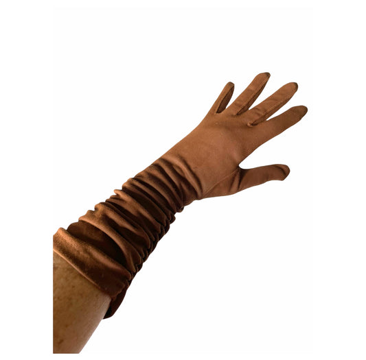 1950s brown nylon gloves with ruching