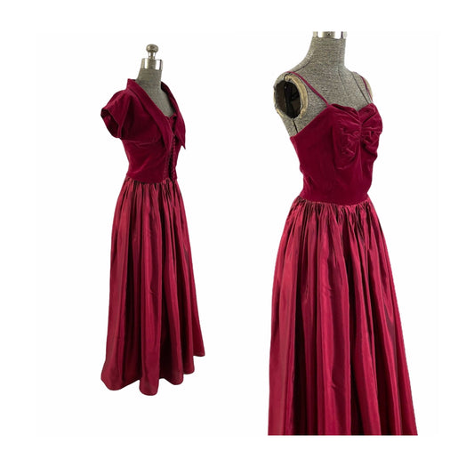 1940s 50s red silk and velvet gown with jacket holiday gown Size S