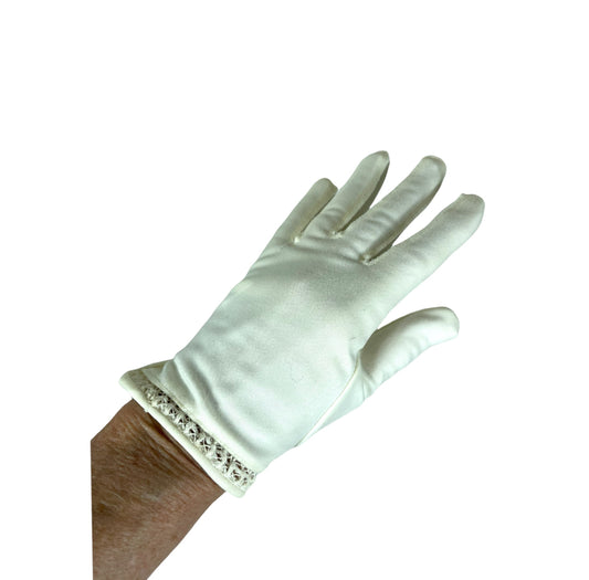 White nylon wrist length gloves with tatting detail made in British Hong Kong