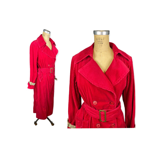 1990s red corduroy trench coat by Newport News Size M